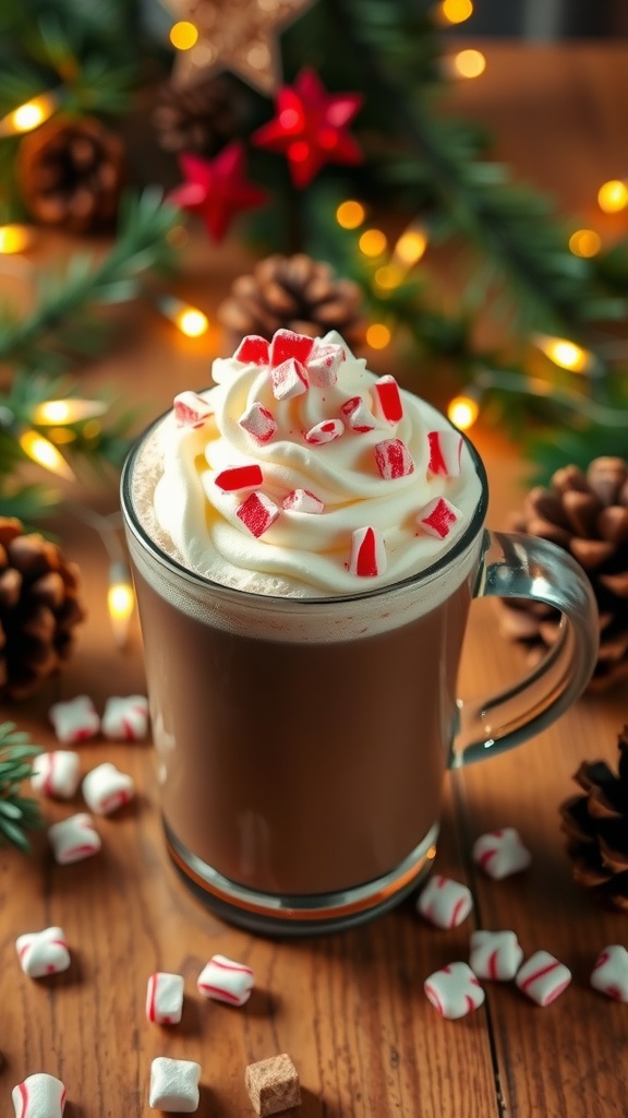 A cozy cup of peppermint mocha with whipped cream and crushed peppermint on a wooden table decorated for the holidays.